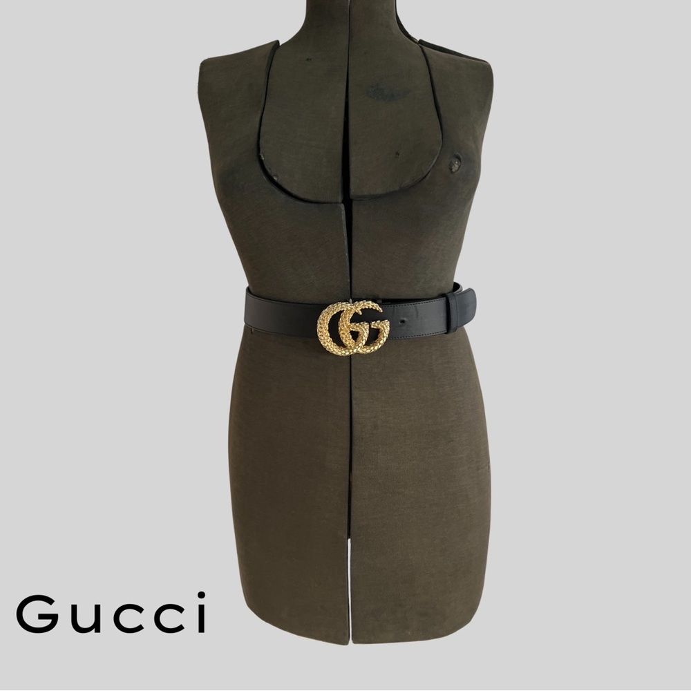 AUTHENTIC GUCCI BLACK LEATHER GG MARMONT BUCKLE BELT - SIZE 80.32